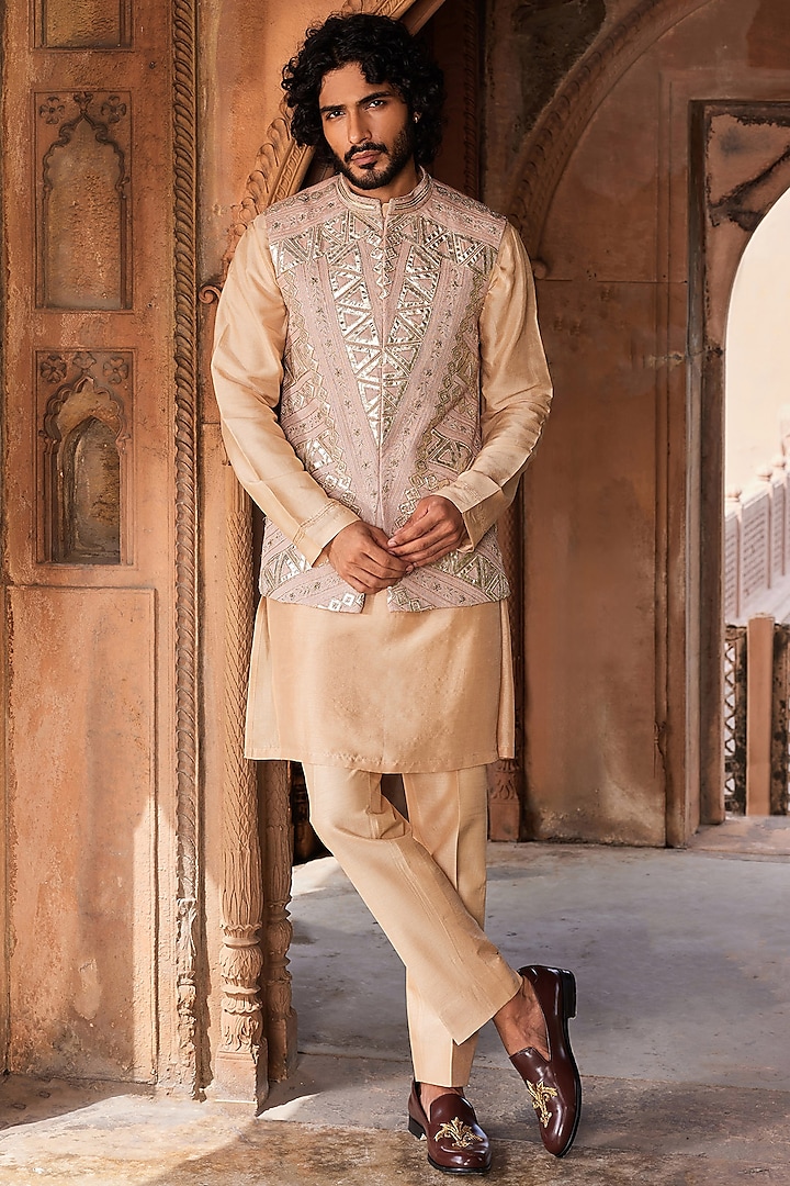 Rosebrown Tussar Silk Kiran Dori Hand Embellished Nehru Jacket Set by Contrast By Parth