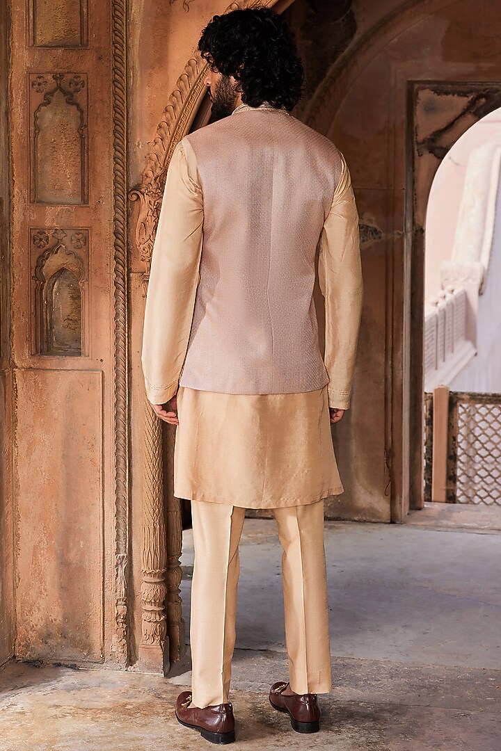 Rosebrown Tussar Silk Kiran Dori Hand Embellished Nehru Jacket Set by Contrast By Parth at Pernia's Pop Up Shop