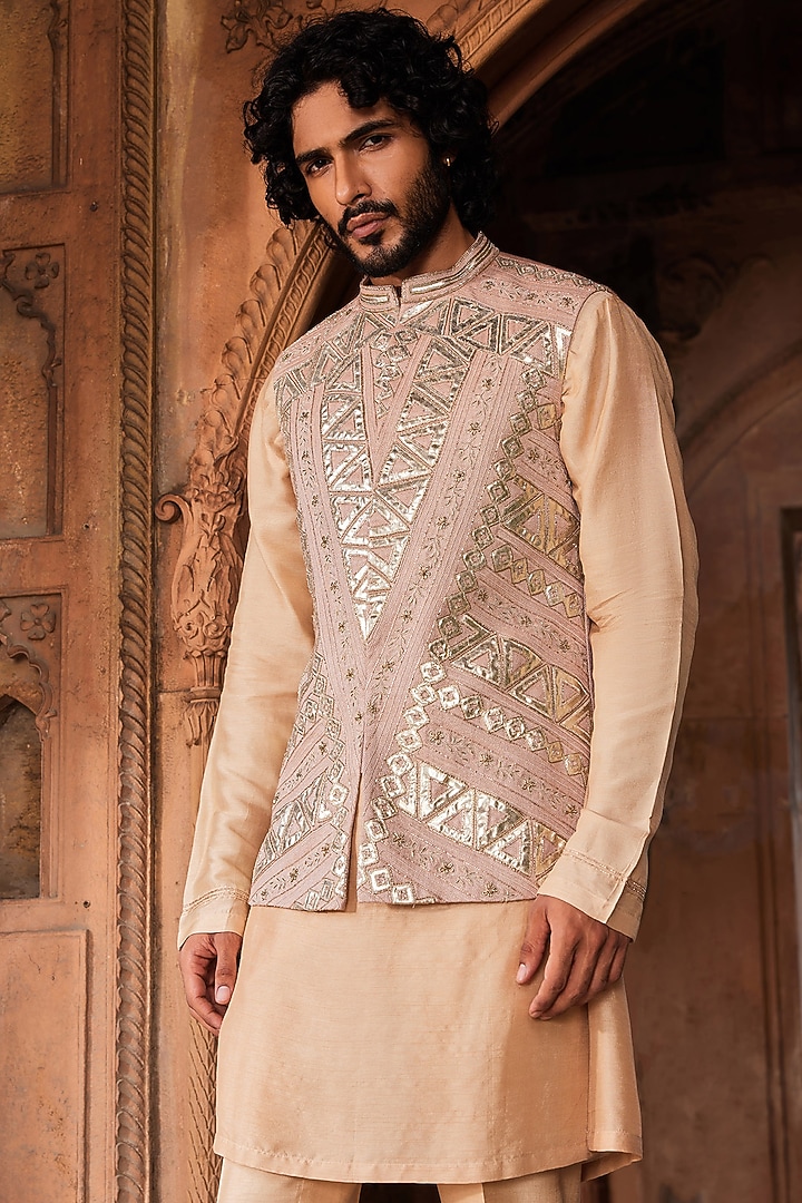 Rosebrown Tussar Silk Kiran Dori Hand Embellished Nehru Jacket Set by Contrast By Parth at Pernia's Pop Up Shop