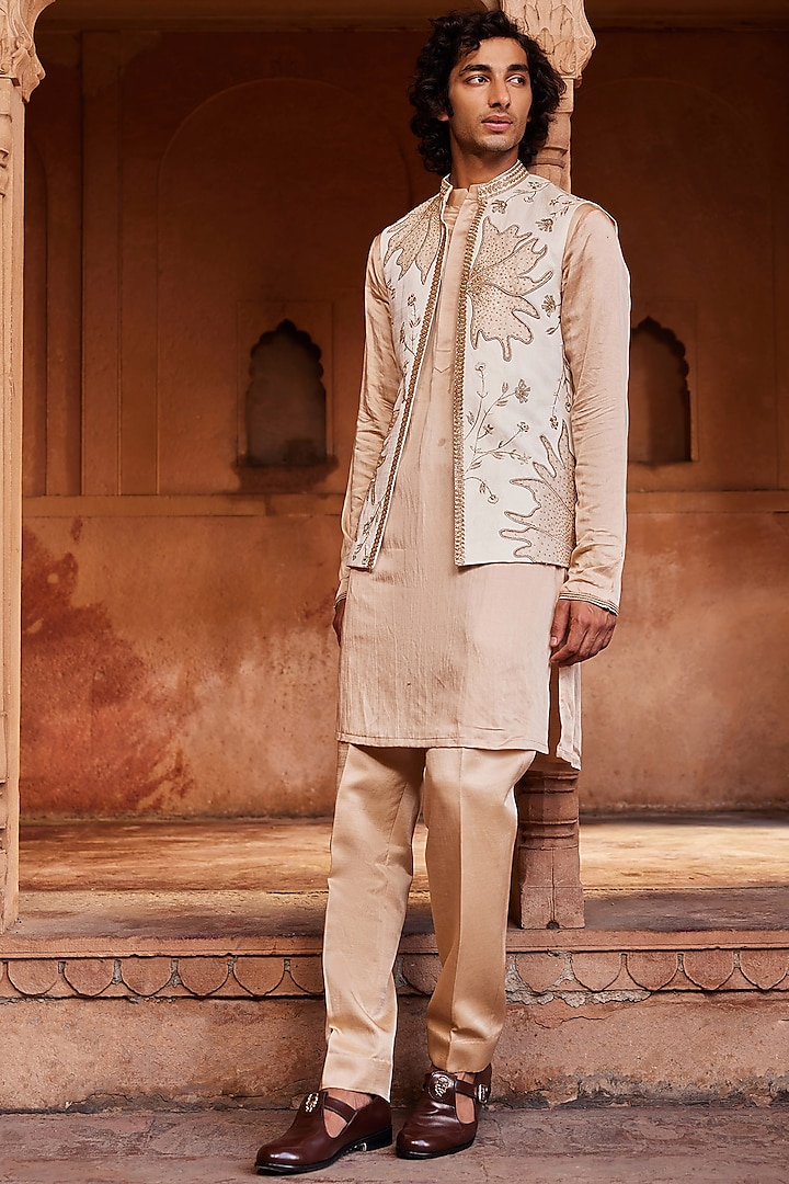 Ivory Linen Silk Zardosi & Dabka Embroidered Nehru Jacket Set by Contrast By Parth