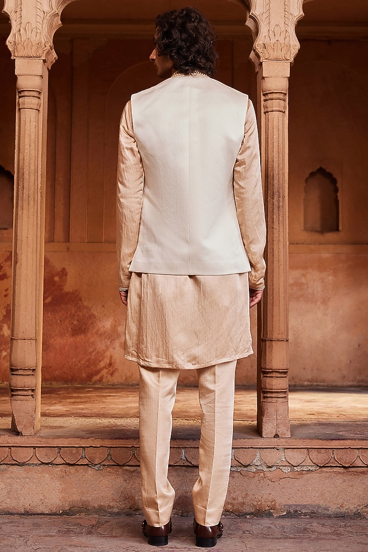 Ivory Linen Silk Zardosi & Dabka Embroidered Nehru Jacket Set by Contrast By Parth at Pernia's Pop Up Shop