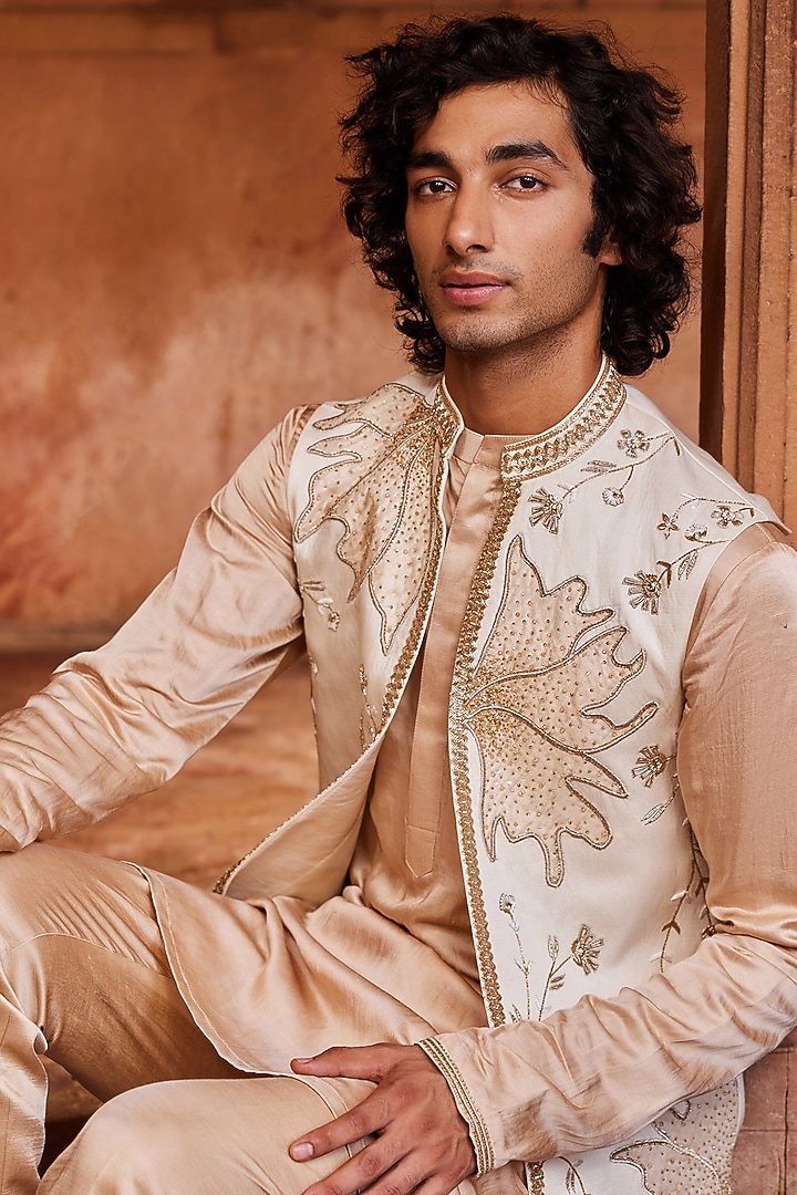 Ivory Linen Silk Zardosi & Dabka Embroidered Nehru Jacket Set by Contrast By Parth at Pernia's Pop Up Shop