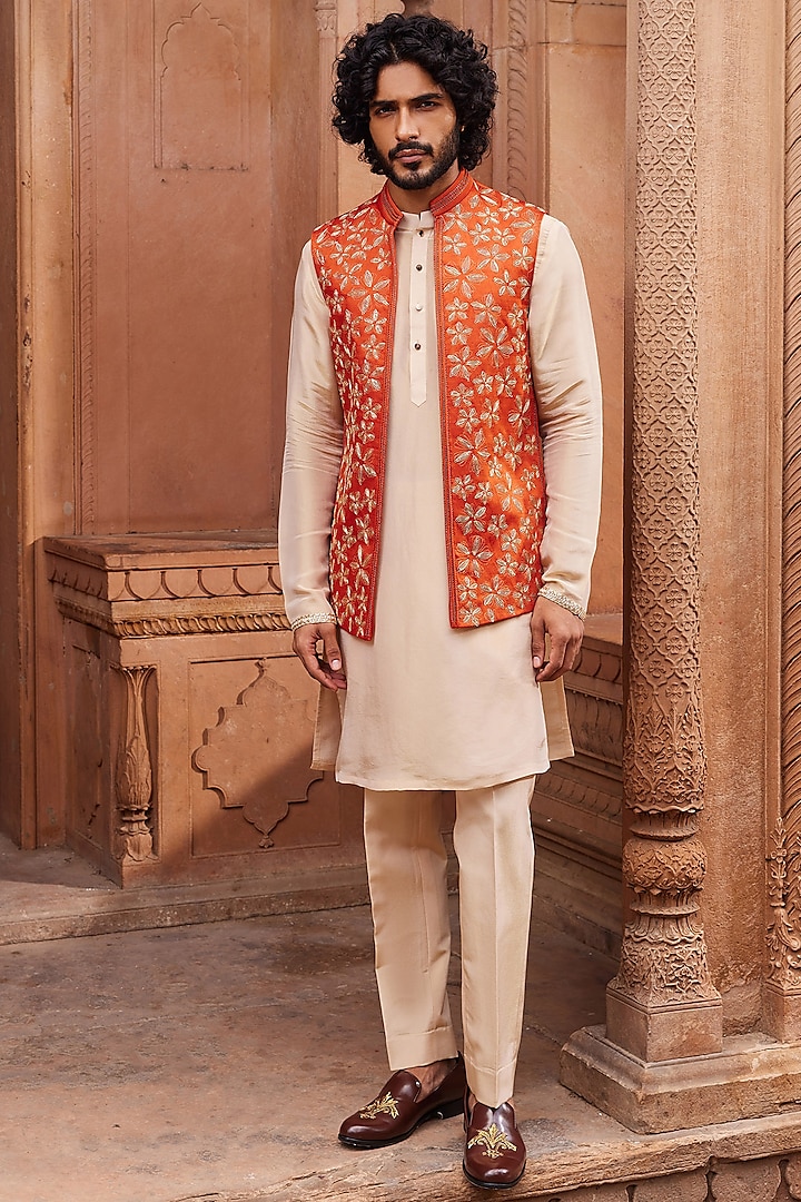 Rust Orange Linen Silk Motif Embellished Nehru Jacket Set by Contrast By Parth