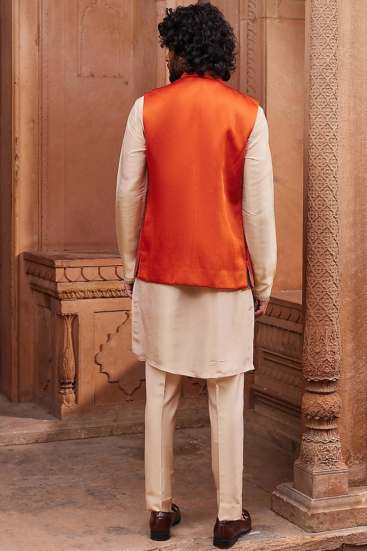 Rust Orange Linen Silk Motif Embellished Nehru Jacket Set by Contrast By Parth at Pernia's Pop Up Shop