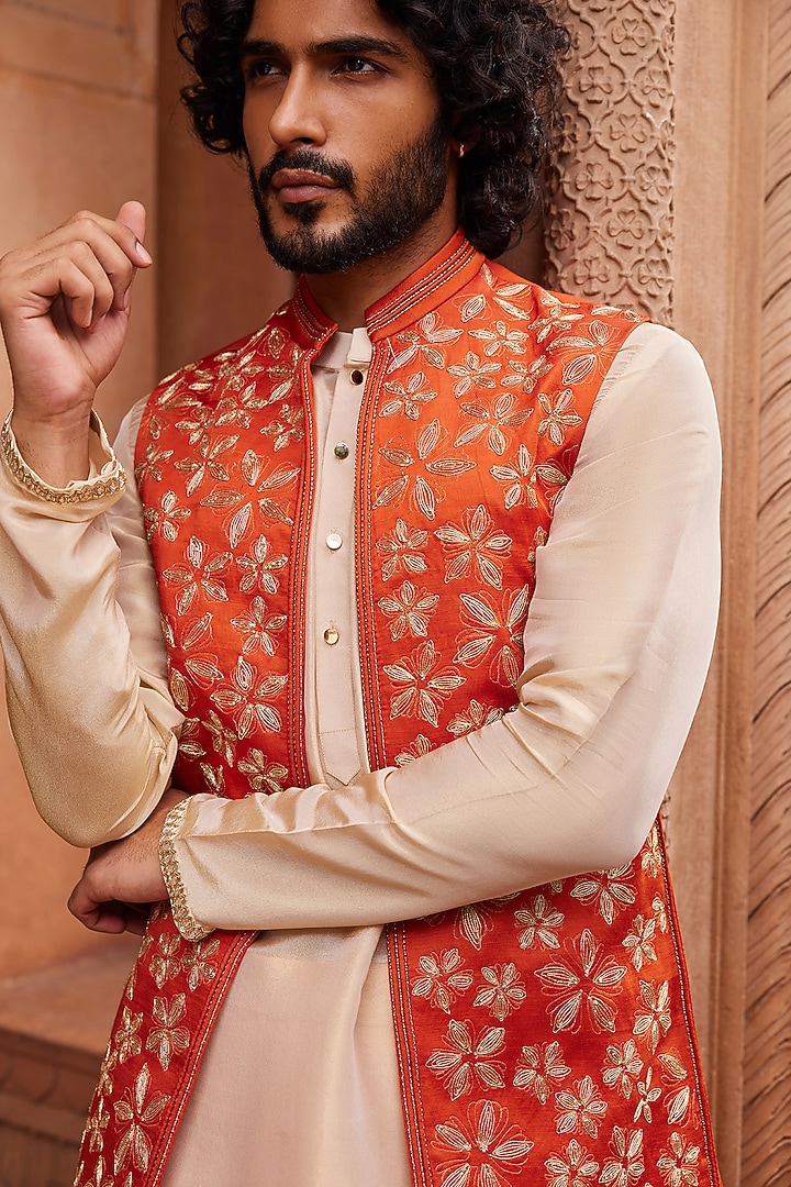 Rust Orange Linen Silk Motif Embellished Nehru Jacket Set by Contrast By Parth at Pernia's Pop Up Shop