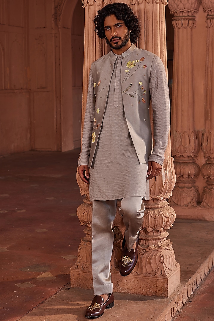 Dusty Olive Pure Silk Floral Motifs Hand Painted Nehru Jacket Set by Contrast By Parth