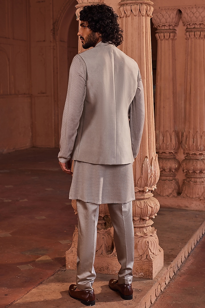 Dusty Olive Pure Silk Floral Motifs Hand Painted Nehru Jacket Set by Contrast By Parth at Pernia's Pop Up Shop