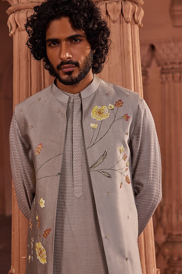 Dusty Olive Pure Silk Floral Motifs Hand Painted Nehru Jacket Set by Contrast By Parth at Pernia's Pop Up Shop