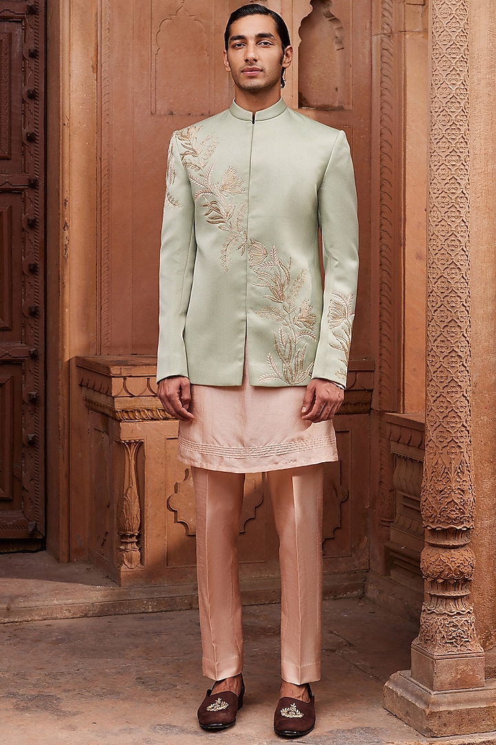 Sage Green Silk Jacquard Dori Embroidered Nehru Jacket Set by Contrast By Parth