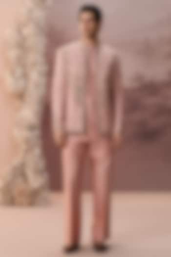 Blush Pink Bhagalpuri Silk Hand & Machine Embroidered Jacket Set by Contrast By Parth at Pernia's Pop Up Shop