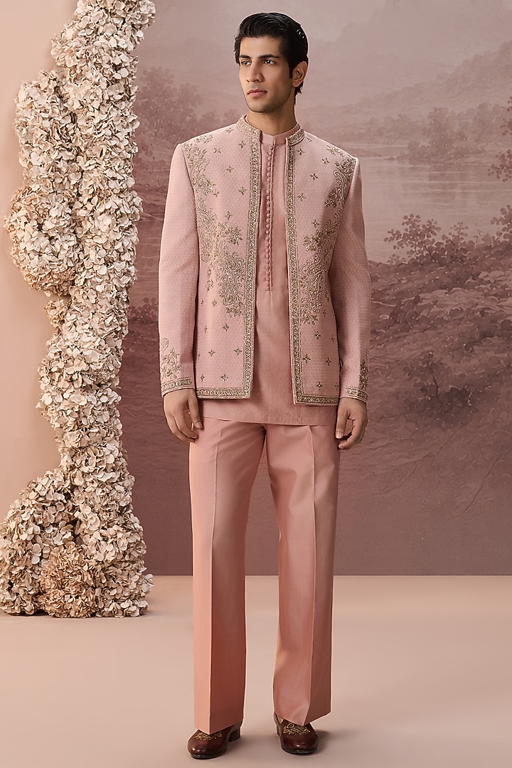 Blush Pink Bhagalpuri Silk Hand & Machine Embroidered Jacket Set by Contrast By Parth at Pernia's Pop Up Shop