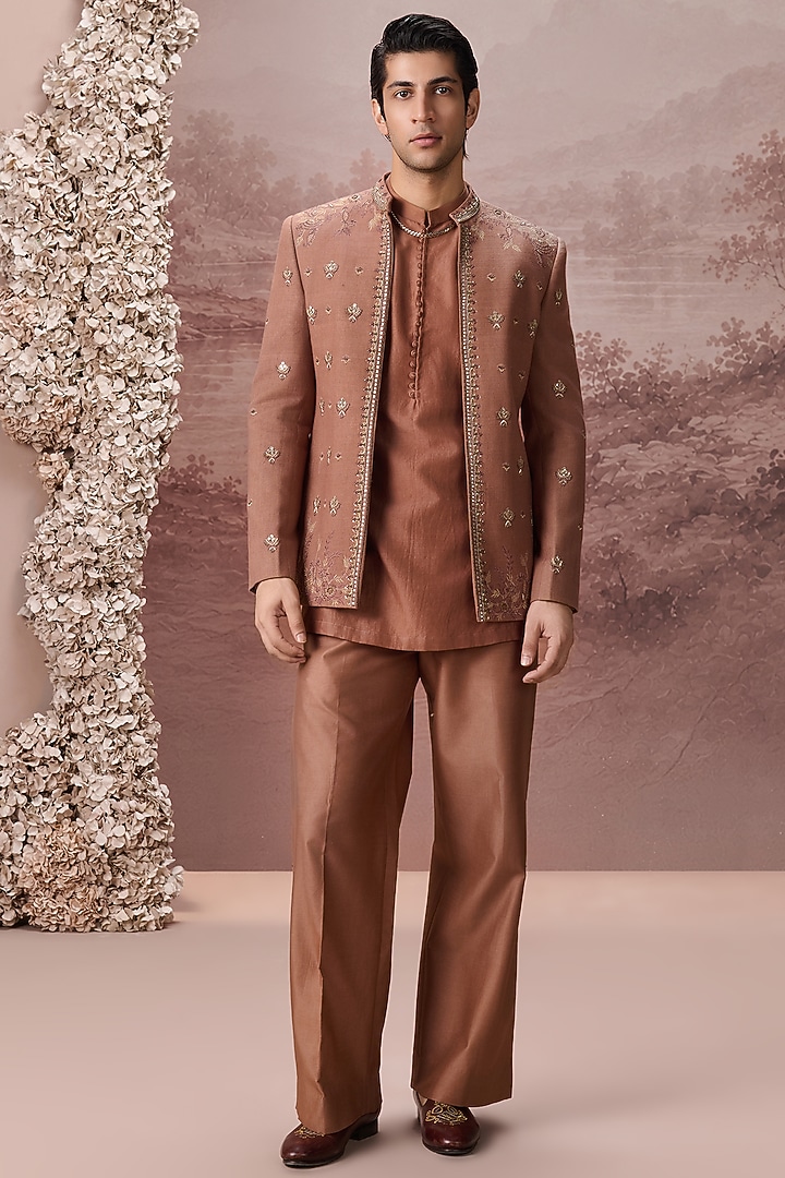Rust Copper Silk Hand & Machine Embroidered Jacket Set by Contrast By Parth at Pernia's Pop Up Shop