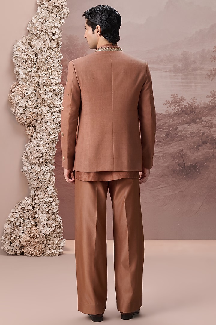Rust Copper Silk Hand & Machine Embroidered Jacket Set by Contrast By Parth at Pernia's Pop Up Shop