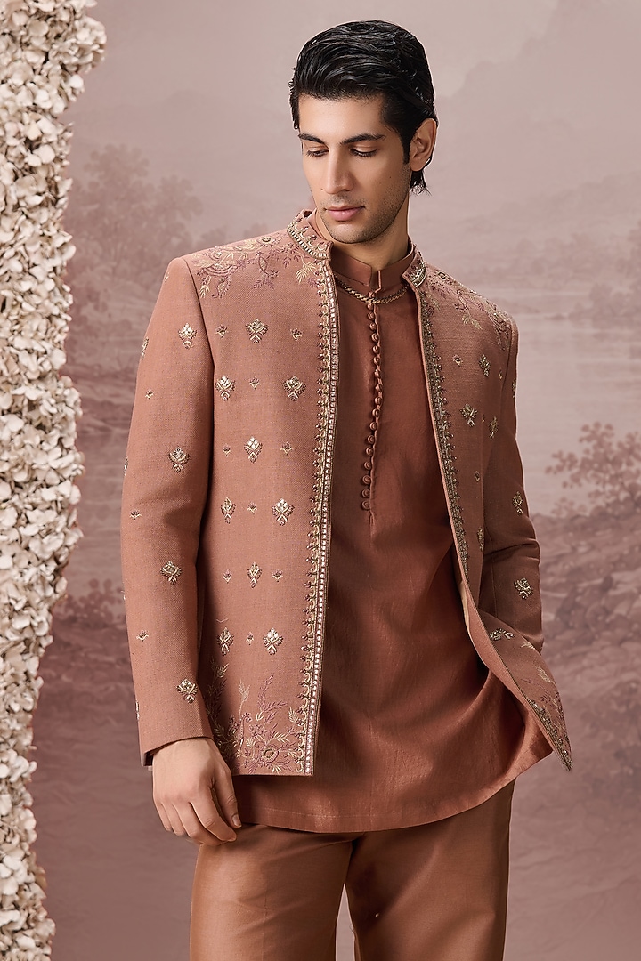Rust Copper Silk Hand & Machine Embroidered Jacket Set by Contrast By Parth at Pernia's Pop Up Shop