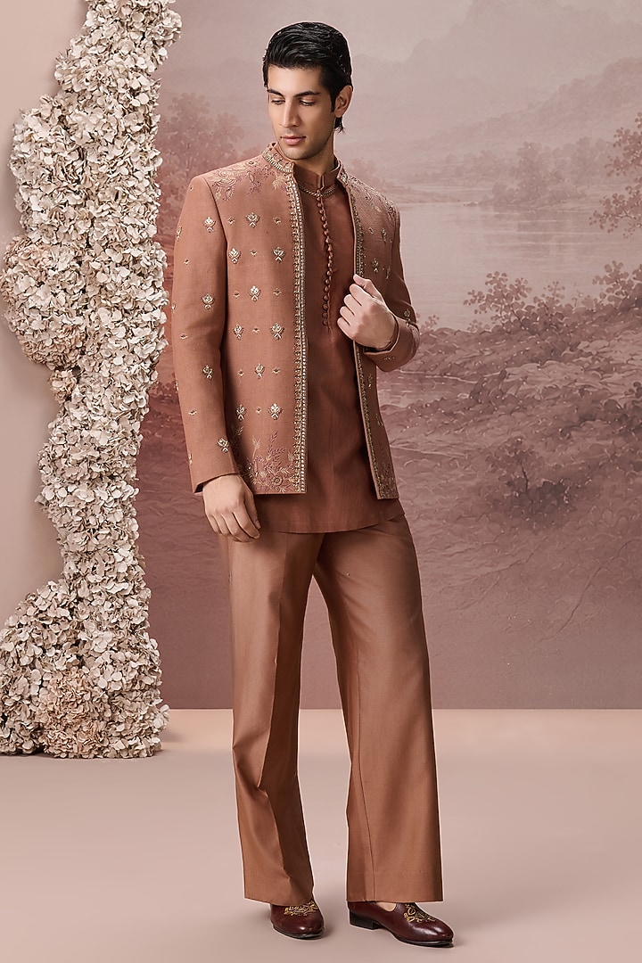 Rust Copper Silk Hand & Machine Embroidered Jacket Set by Contrast By Parth at Pernia's Pop Up Shop