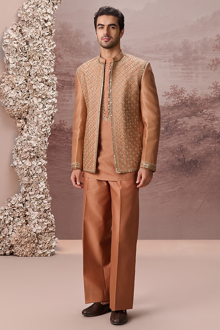 Camel-Colored Spun Silk Thread Hand & Machine Embroidered Jacket Set by Contrast By Parth at Pernia's Pop Up Shop