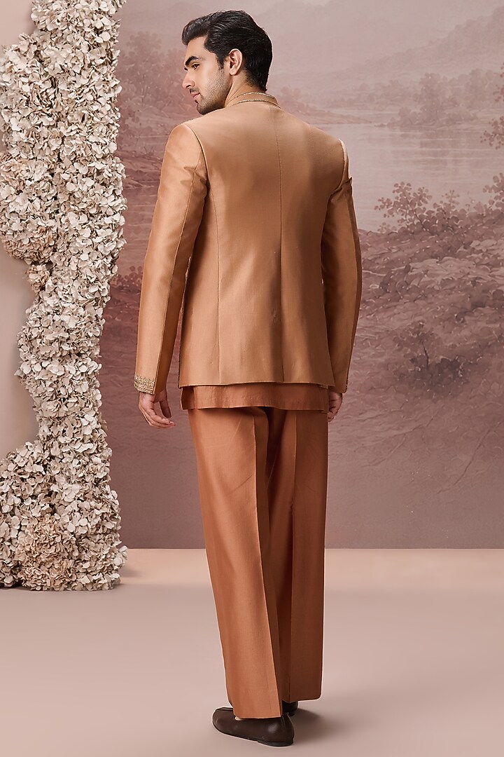 Camel-Colored Spun Silk Thread Hand & Machine Embroidered Jacket Set by Contrast By Parth at Pernia's Pop Up Shop