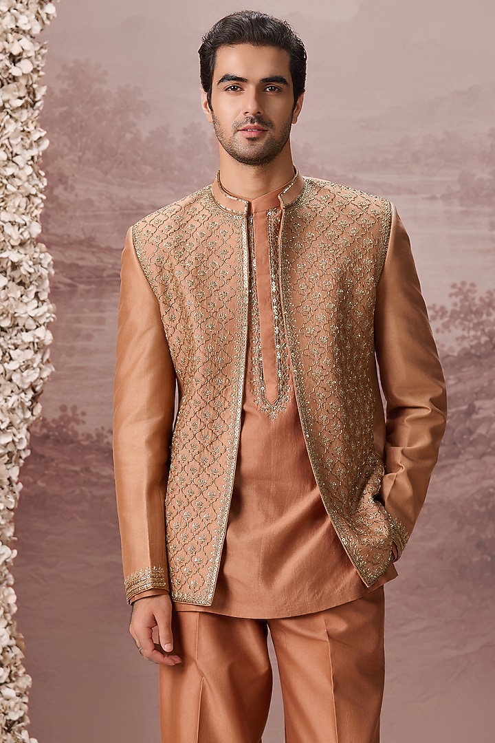 Camel-Colored Spun Silk Thread Hand & Machine Embroidered Jacket Set by Contrast By Parth at Pernia's Pop Up Shop