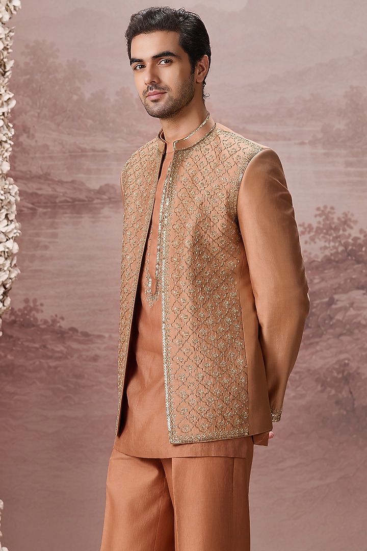 Camel-Colored Spun Silk Thread Hand & Machine Embroidered Jacket Set by Contrast By Parth at Pernia's Pop Up Shop