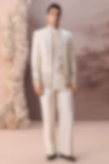 Ivory Raw Silk Hand & Machine Embroidered Jacket Set by Contrast By Parth at Pernia's Pop Up Shop