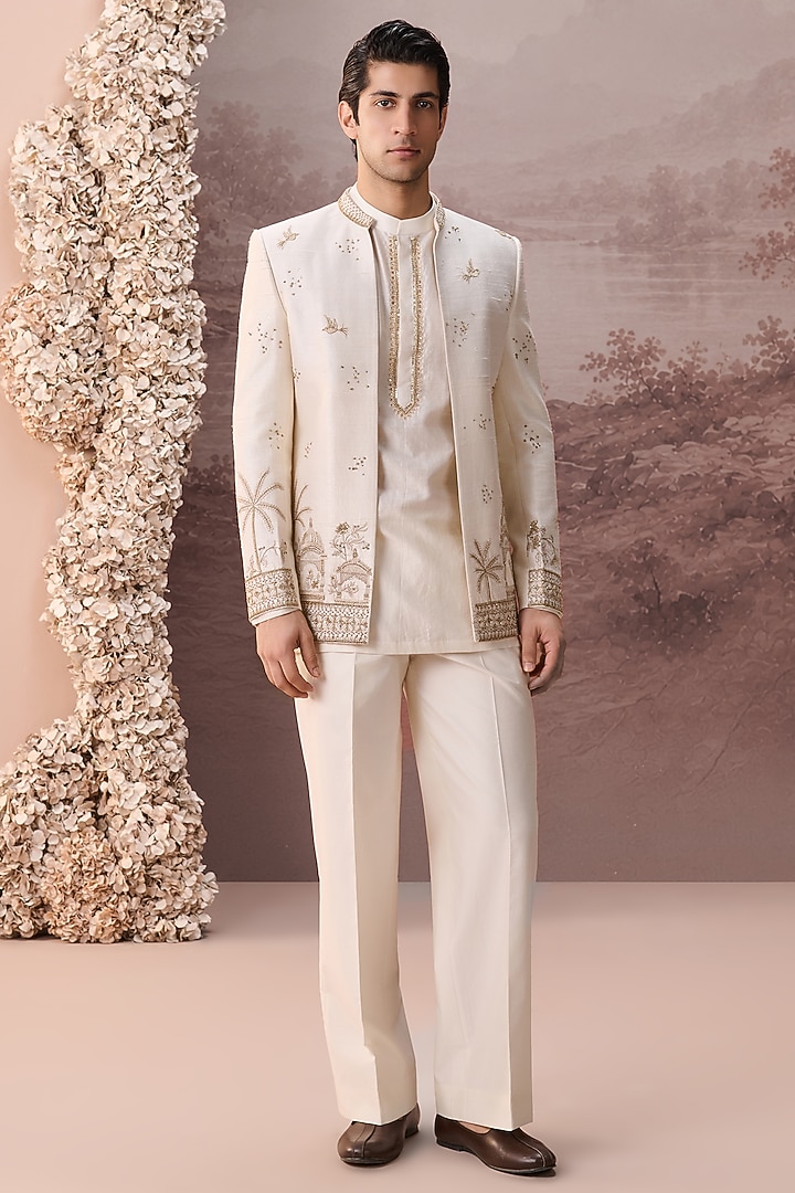 Ivory Raw Silk Hand & Machine Embroidered Jacket Set by Contrast By Parth at Pernia's Pop Up Shop