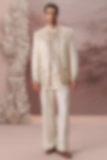 Ivory Bhagalpuri Silk Hand & Machine Embroidered Jacket Set by Contrast By Parth at Pernia's Pop Up Shop