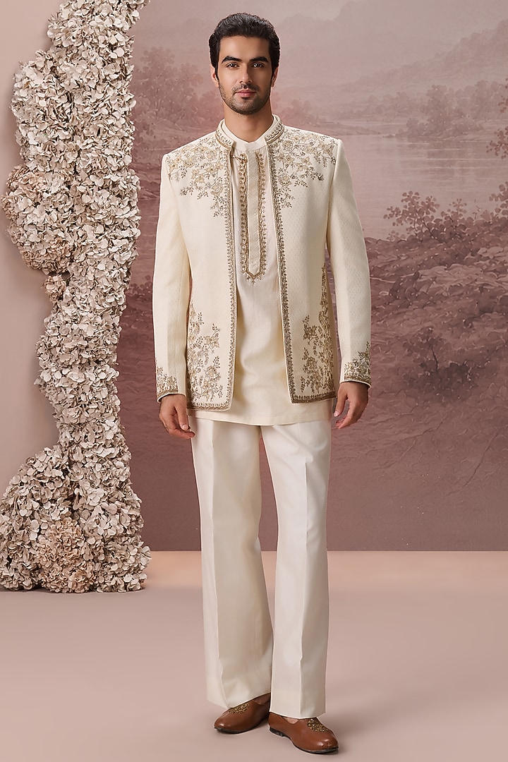 Ivory Bhagalpuri Silk Hand & Machine Embroidered Jacket Set by Contrast By Parth at Pernia's Pop Up Shop