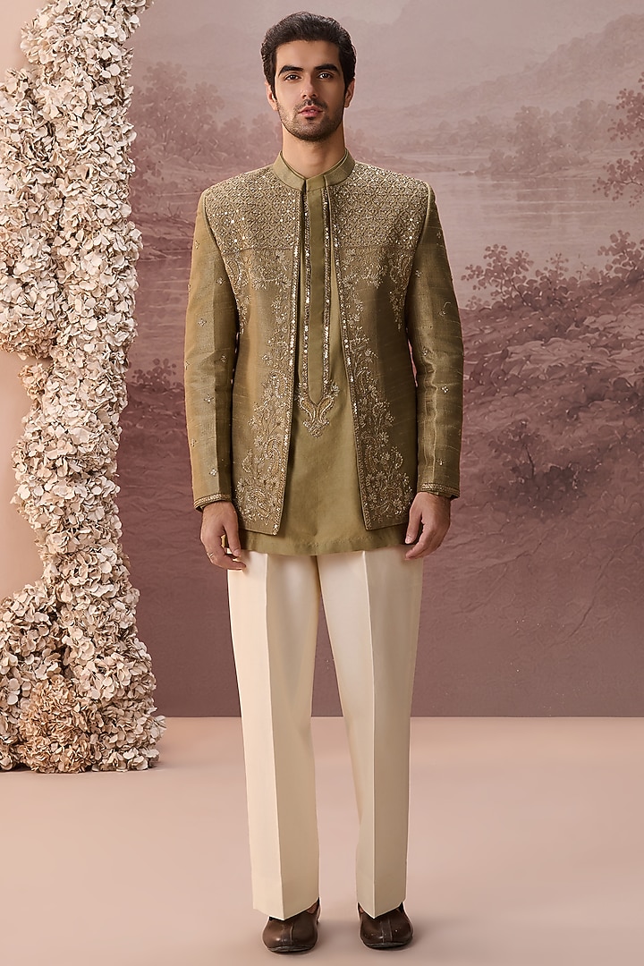 Olive Green Raw Silk Hand & Machine Embroidered Jacket Set by Contrast By Parth at Pernia's Pop Up Shop