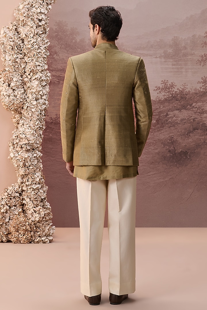 Olive Green Raw Silk Hand & Machine Embroidered Jacket Set by Contrast By Parth at Pernia's Pop Up Shop