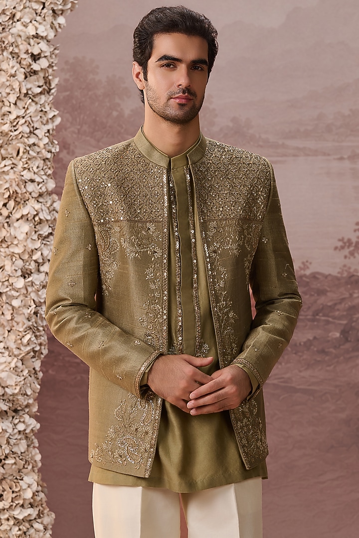 Olive Green Raw Silk Hand & Machine Embroidered Jacket Set by Contrast By Parth at Pernia's Pop Up Shop
