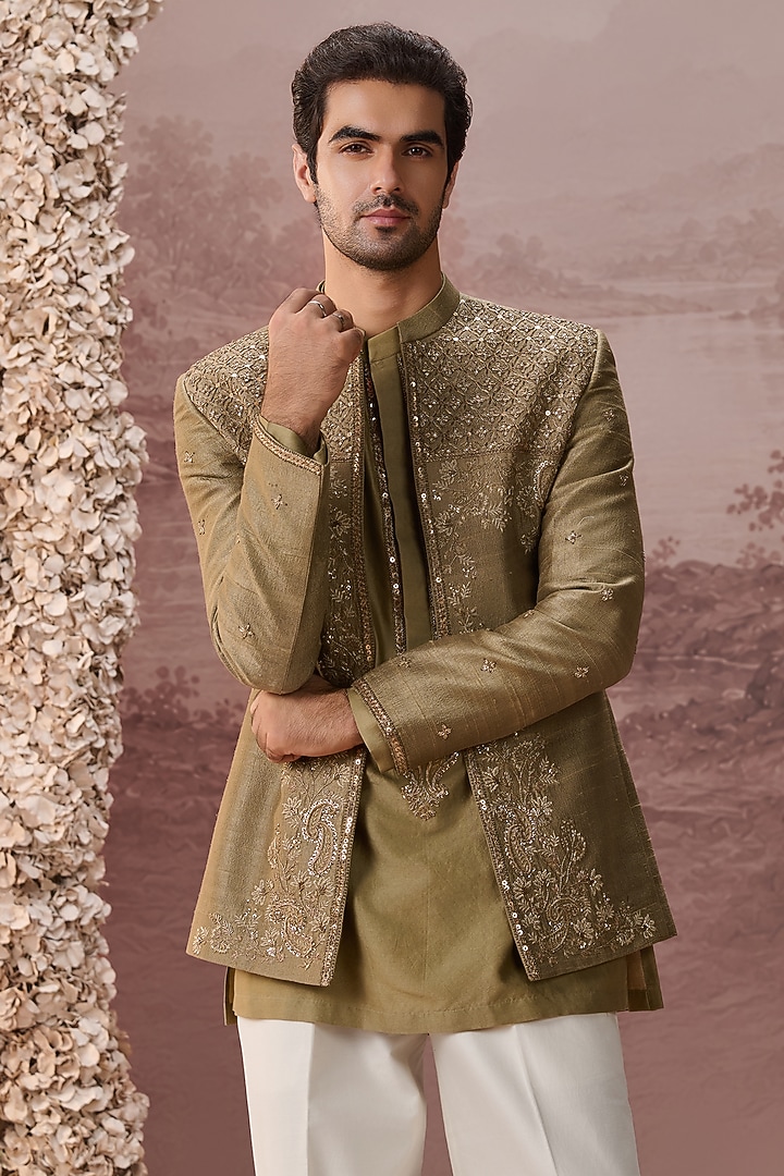 Olive Green Raw Silk Hand & Machine Embroidered Jacket Set by Contrast By Parth at Pernia's Pop Up Shop