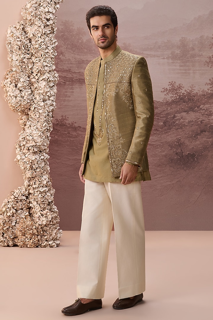 Olive Green Raw Silk Hand & Machine Embroidered Jacket Set by Contrast By Parth at Pernia's Pop Up Shop