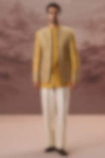 Mustard Yellow Raw Silk Hand & Machine Jacket Set by Contrast By Parth at Pernia's Pop Up Shop