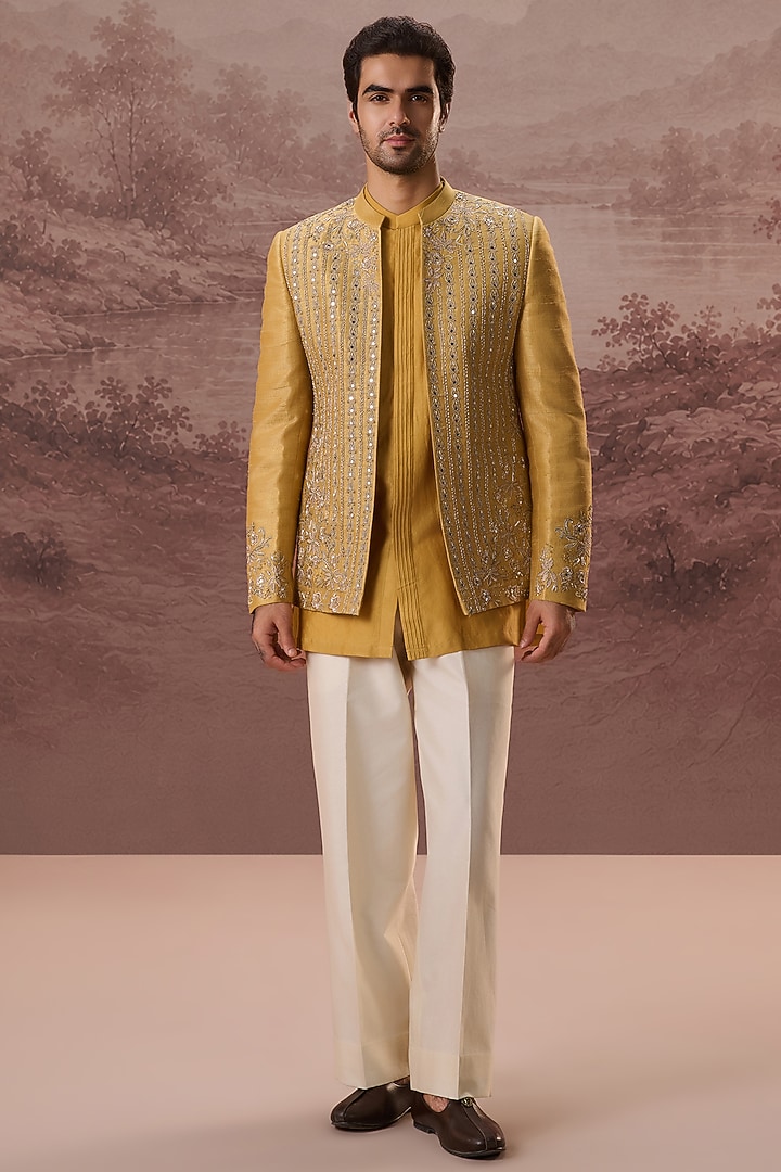 Mustard Yellow Raw Silk Hand & Machine Jacket Set by Contrast By Parth at Pernia's Pop Up Shop