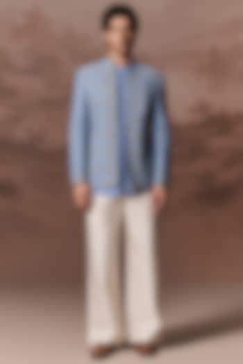 Denim Blue Silk Hand & Machine Embroidered Jacket Set by Contrast By Parth at Pernia's Pop Up Shop
