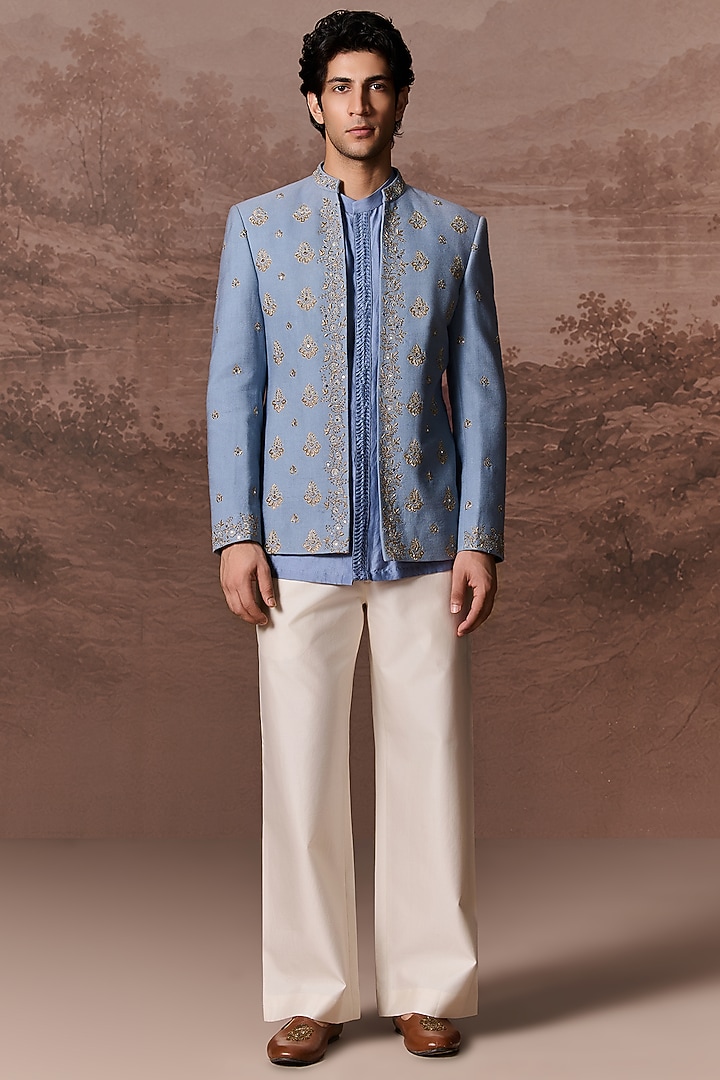 Denim Blue Silk Hand & Machine Embroidered Jacket Set by Contrast By Parth at Pernia's Pop Up Shop