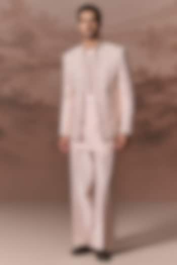 Nude pink Bhagalpuri Silk Hand & Machine Embroidered Jacket Set by Contrast By Parth at Pernia's Pop Up Shop