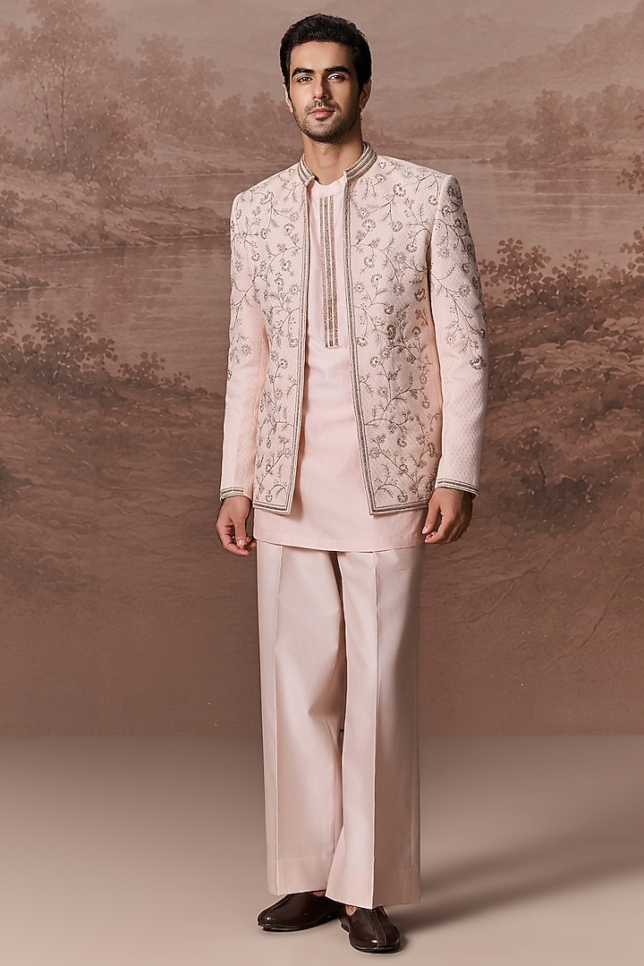 Nude pink Bhagalpuri Silk Hand & Machine Embroidered Jacket Set by Contrast By Parth at Pernia's Pop Up Shop