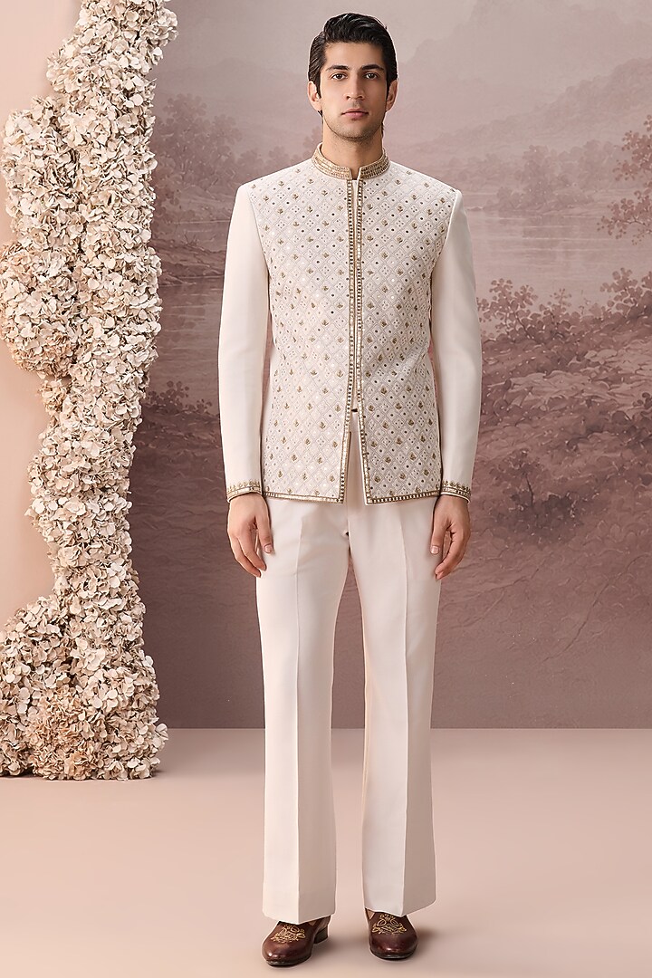 Ivory Twill Suiting Hand & Machine Embroidered Wedding Bandhgala Set by Contrast By Parth at Pernia's Pop Up Shop