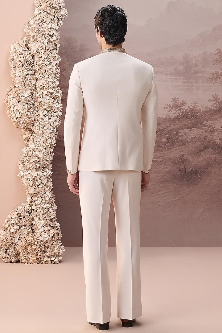 Ivory Twill Suiting Hand & Machine Embroidered Wedding Bandhgala Set by Contrast By Parth at Pernia's Pop Up Shop