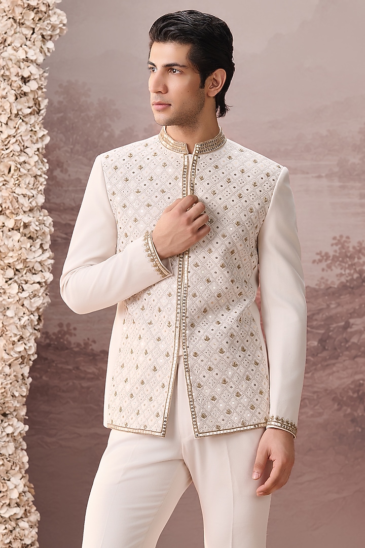Ivory Twill Suiting Hand & Machine Embroidered Wedding Bandhgala Set by Contrast By Parth at Pernia's Pop Up Shop