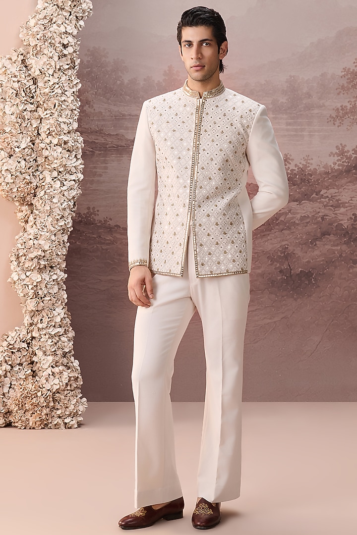 Ivory Twill Suiting Hand & Machine Embroidered Wedding Bandhgala Set by Contrast By Parth at Pernia's Pop Up Shop