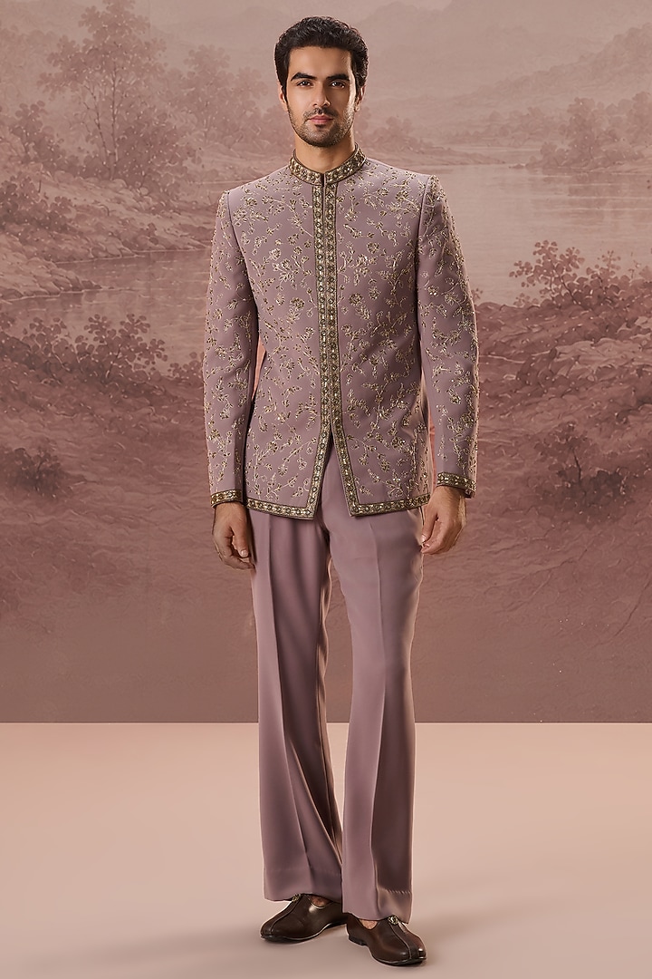 Mauve Lycra Suiting Hand & Machine Embroidered Wedding Bandhgala Set by Contrast By Parth at Pernia's Pop Up Shop