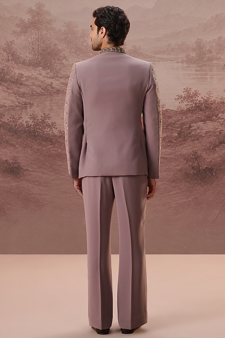 Mauve Lycra Suiting Hand & Machine Embroidered Wedding Bandhgala Set by Contrast By Parth at Pernia's Pop Up Shop