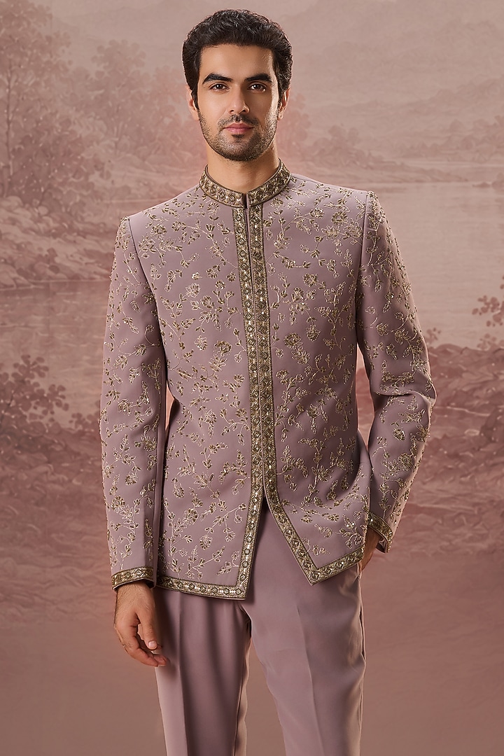 Mauve Lycra Suiting Hand & Machine Embroidered Wedding Bandhgala Set by Contrast By Parth at Pernia's Pop Up Shop
