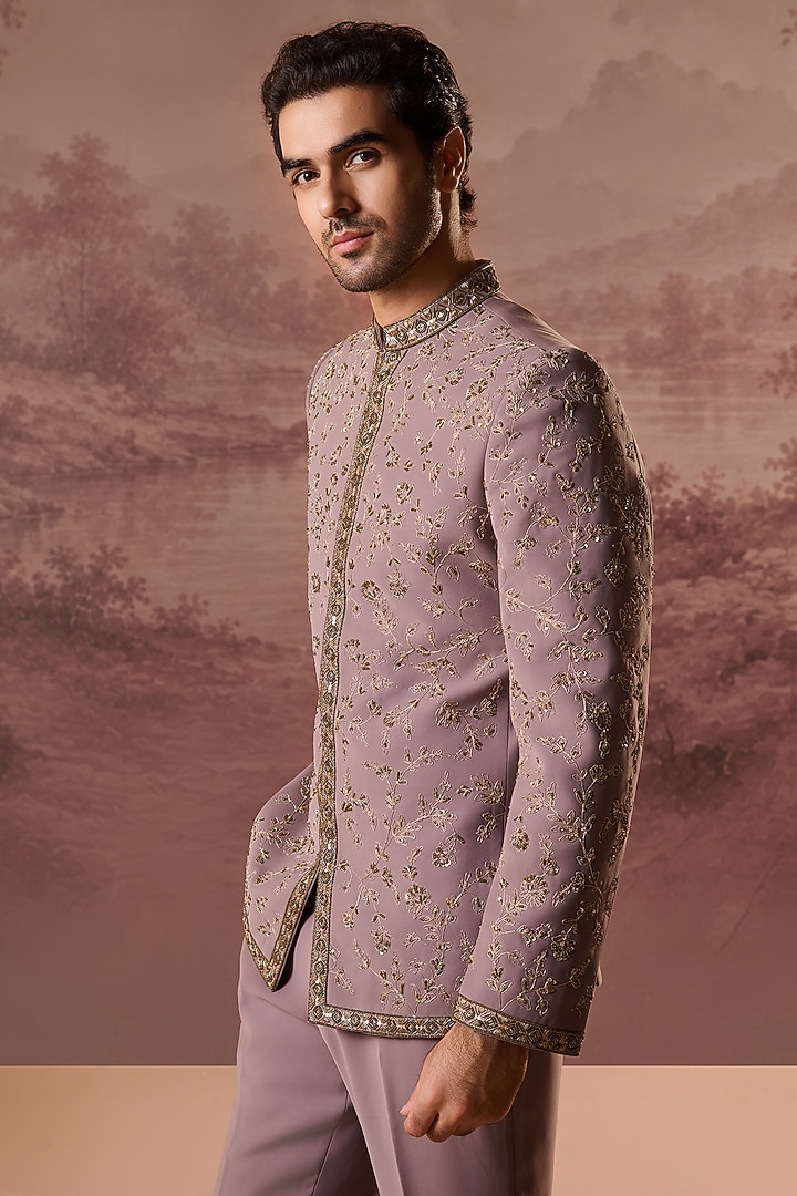 Mauve Lycra Suiting Hand & Machine Embroidered Wedding Bandhgala Set by Contrast By Parth at Pernia's Pop Up Shop