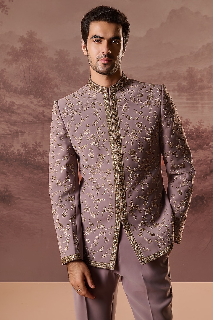 Mauve Lycra Suiting Hand & Machine Embroidered Wedding Bandhgala Set by Contrast By Parth at Pernia's Pop Up Shop