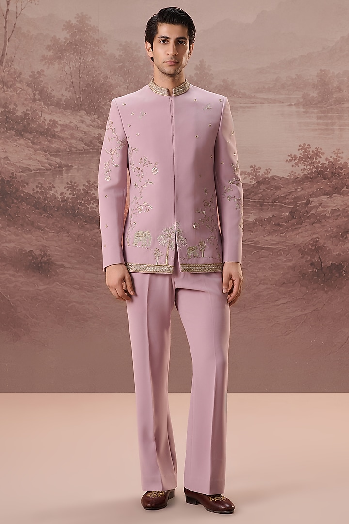 Blush Pink Lycra Suiting Hand & Machine Embroidered Wedding Bandhgala Set by Contrast By Parth at Pernia's Pop Up Shop