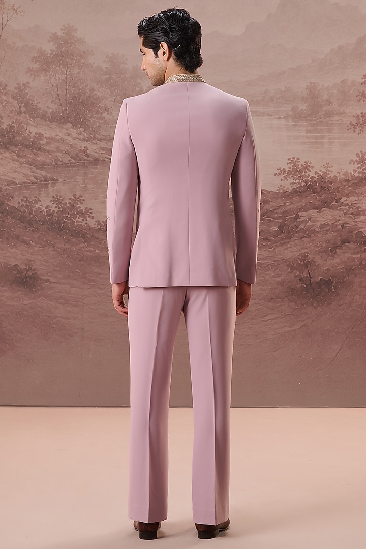 Blush Pink Lycra Suiting Hand & Machine Embroidered Wedding Bandhgala Set by Contrast By Parth at Pernia's Pop Up Shop