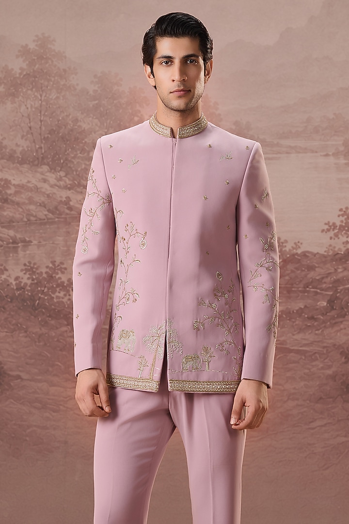 Blush Pink Lycra Suiting Hand & Machine Embroidered Wedding Bandhgala Set by Contrast By Parth at Pernia's Pop Up Shop